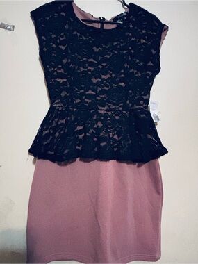 Black Lace Peplum Top Over Mauve Bodycon Dress